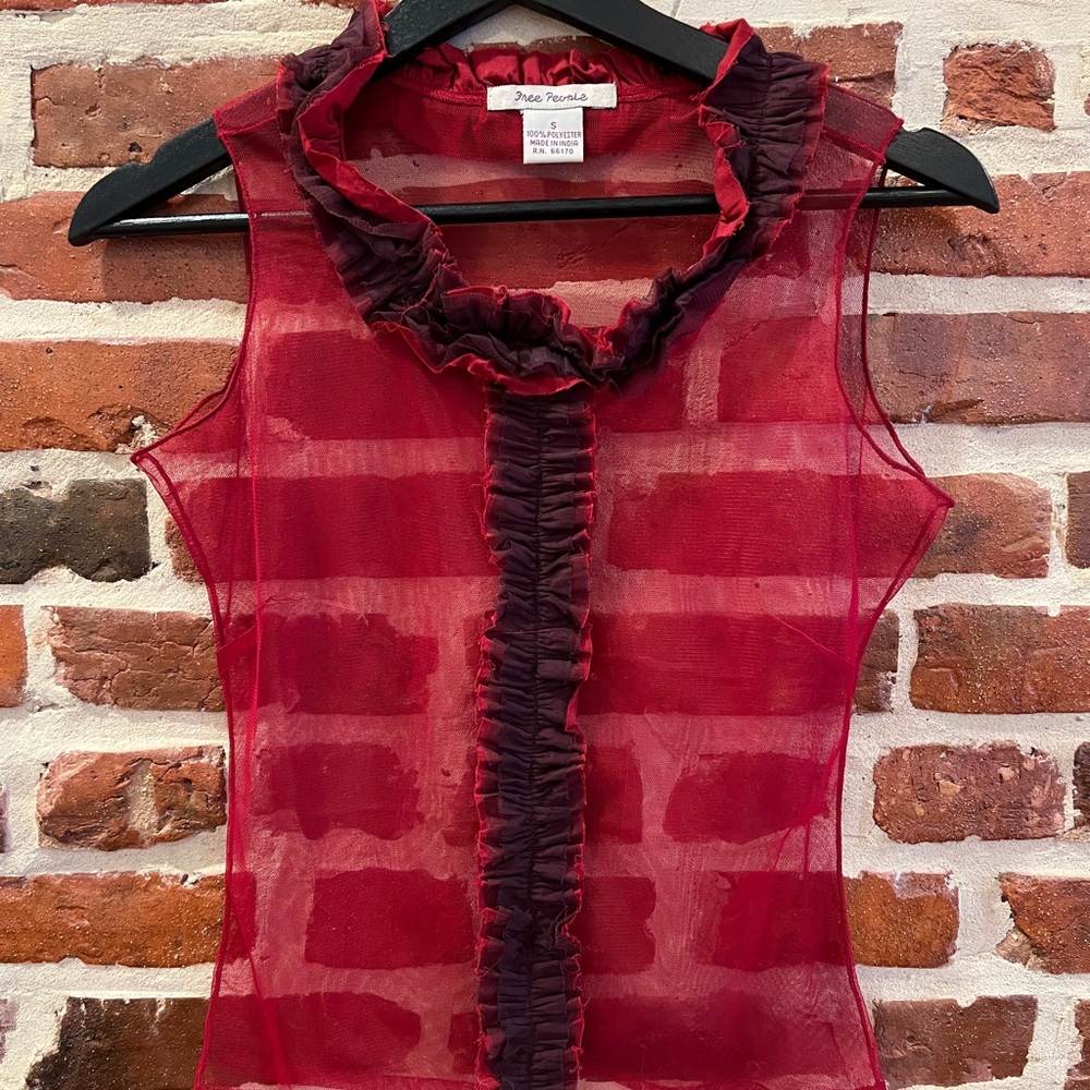 Free People Burgundy Sheer Ruffle Blouse